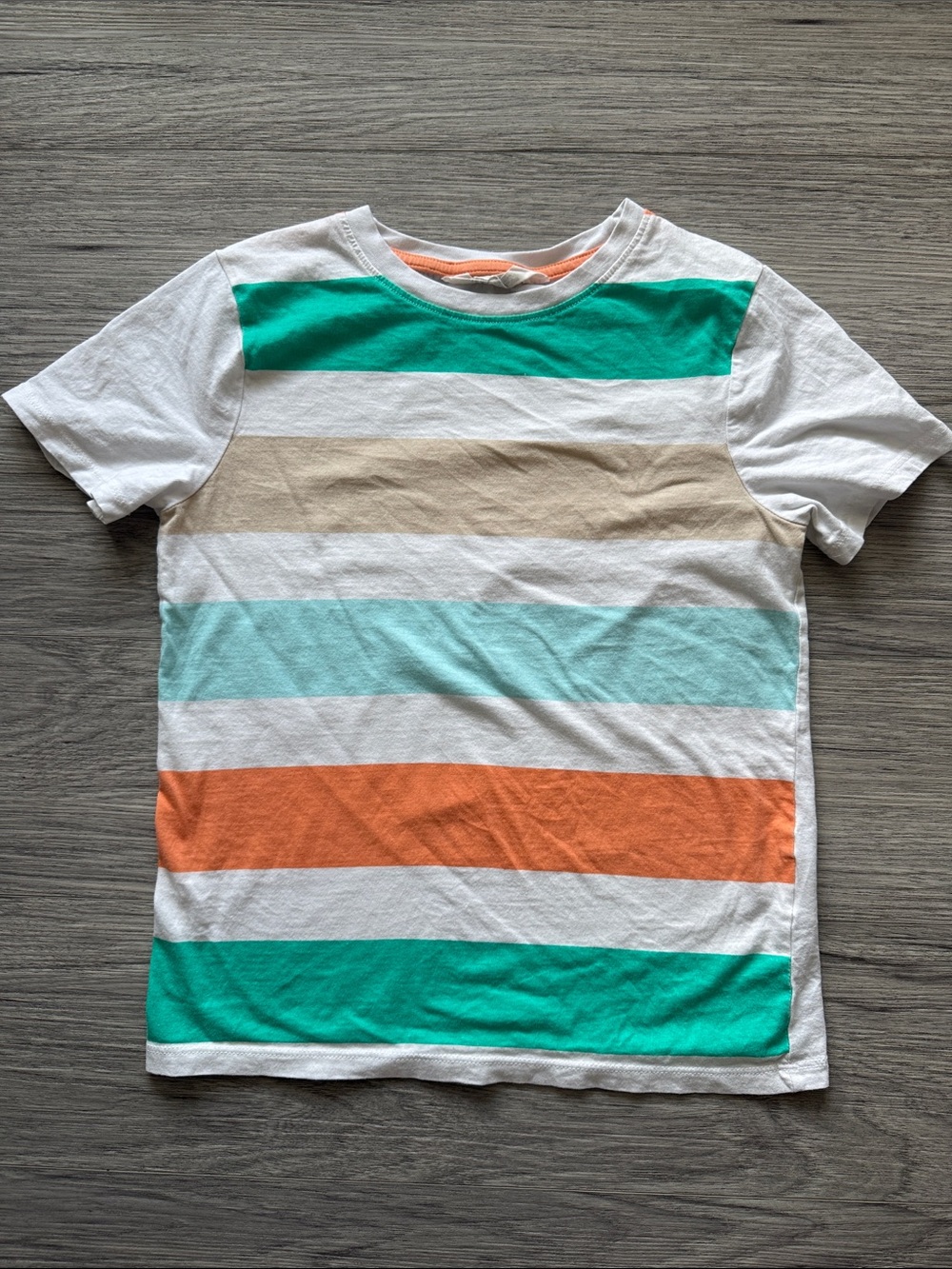 H&M White Tee with Teal, Light Blue, Orange & Tan Stripes Size 8/10